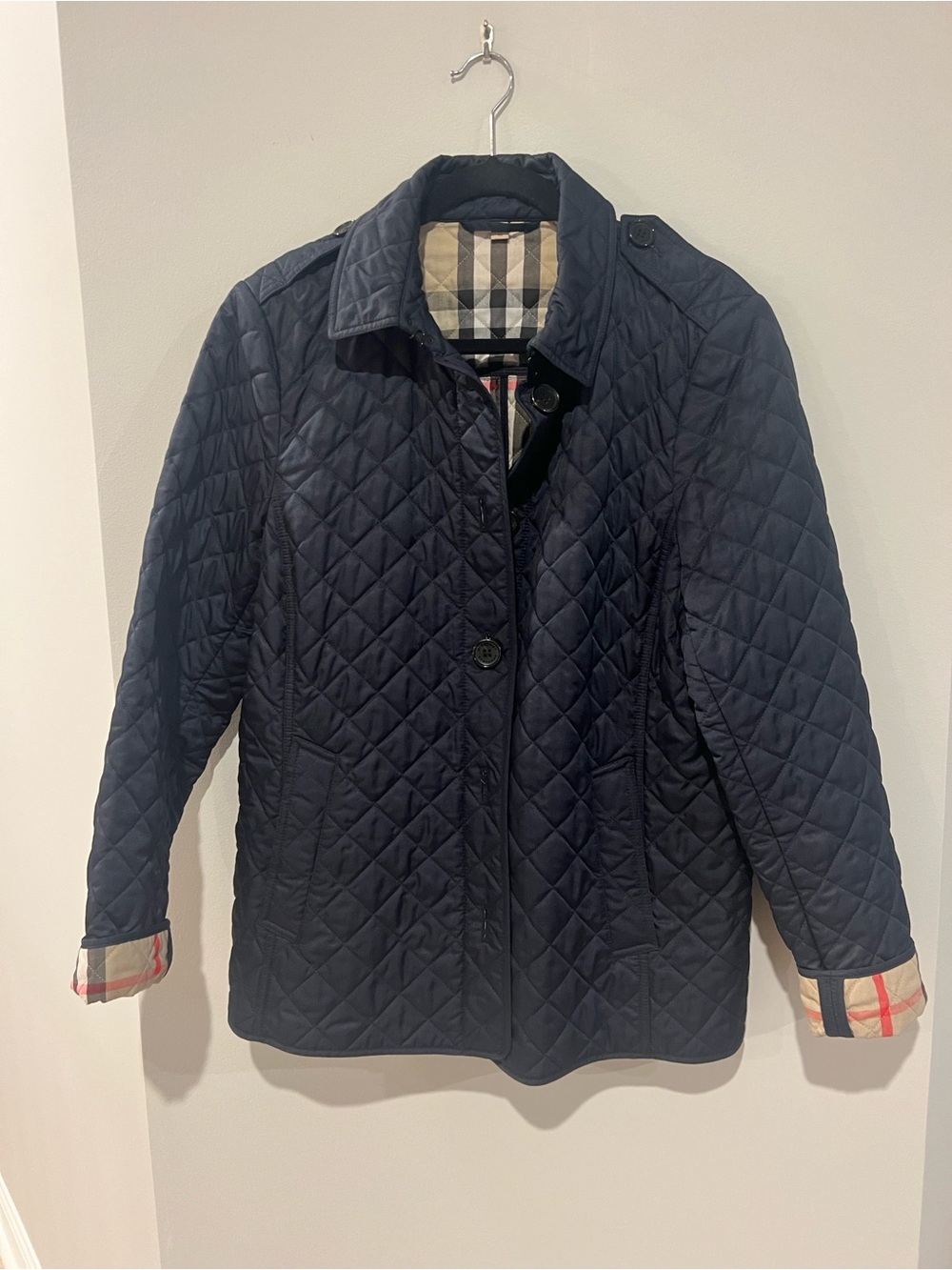 Burberry Navy Quilted Utility Jacket with Check Trim